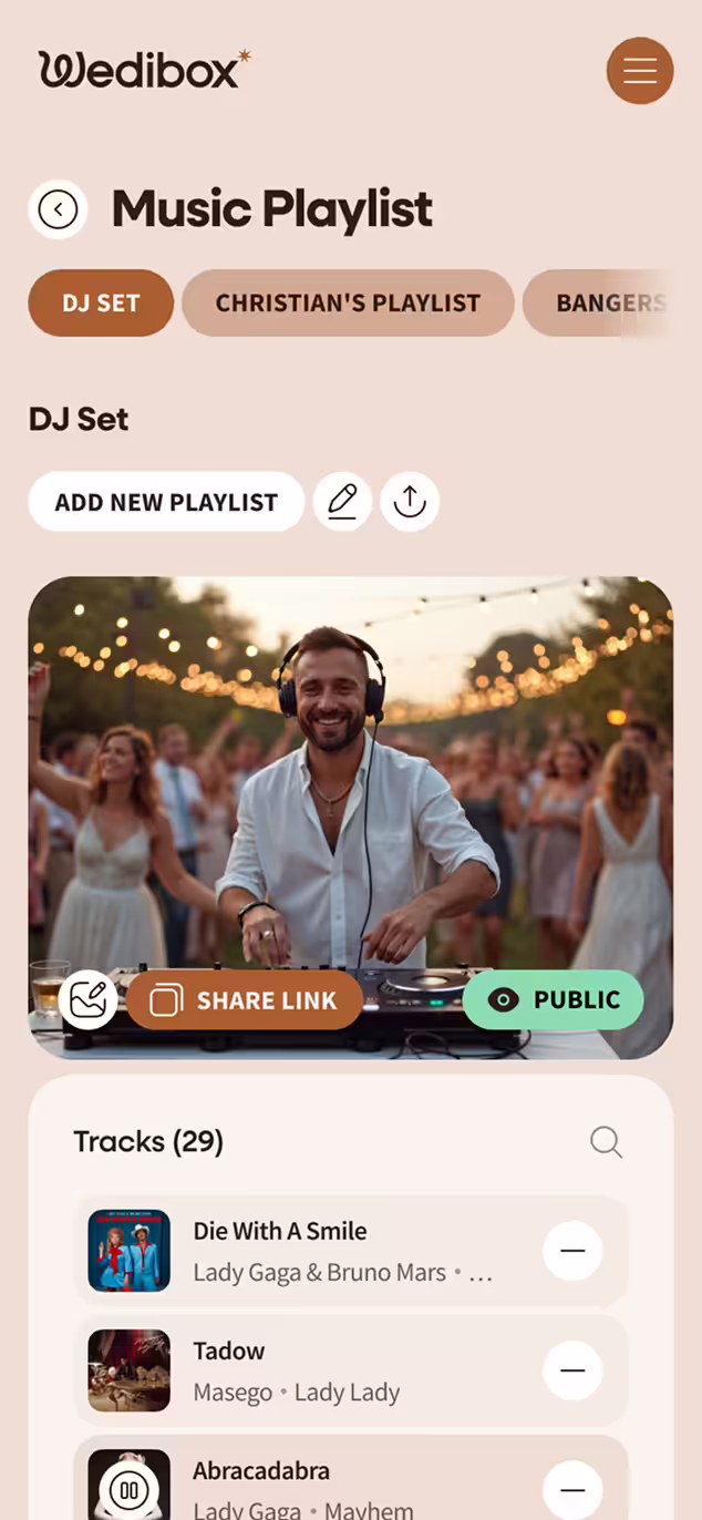 Mobile interface of Wedibox music playlist showing DJ set with a smiling DJ wearing headphones at an outdoor party, playlist options, and track list including songs by Lady Gaga and Bruno Mars.