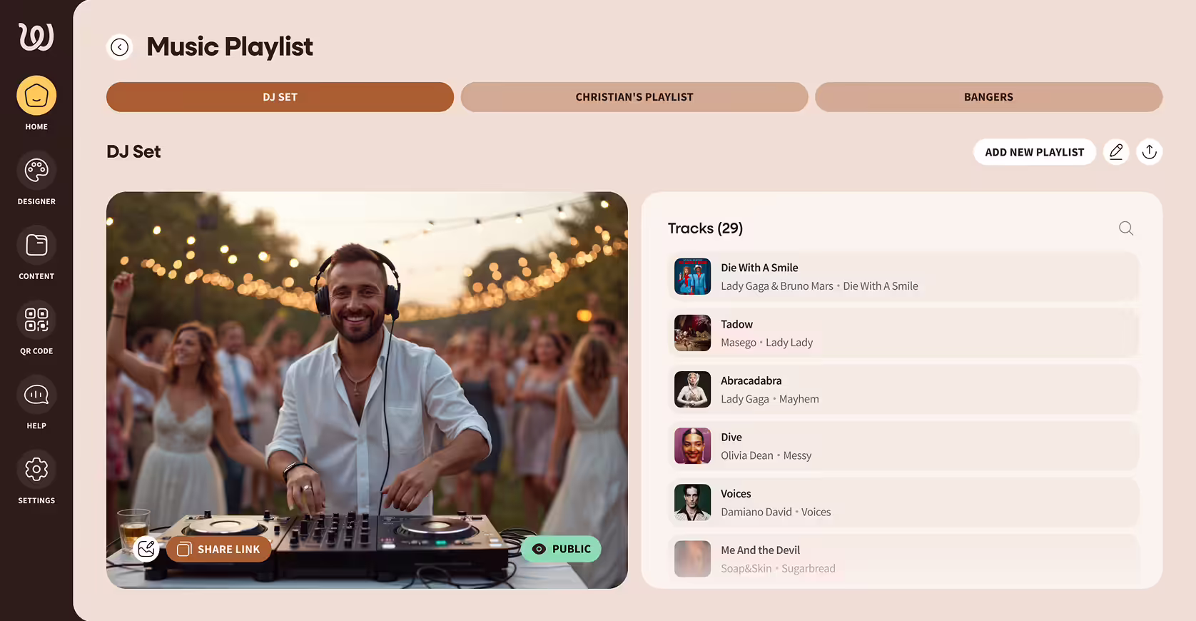 Music playlist interface showing a DJ smiling and mixing tracks at an outdoor event, with a list of 29 songs including Die With A Smile, Tadow, and Abracadabra.