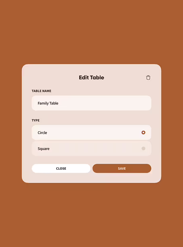 Edit Table interface with fields to enter table name as 'Family Table' and select type as Circle or Square, with Close and Save buttons.