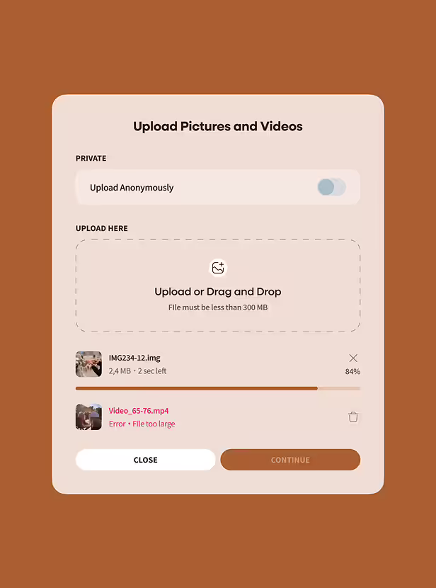 Upload interface showing option to upload pictures and videos anonymously with progress bar at 84% for one file and an error message indicating another video file is too large.