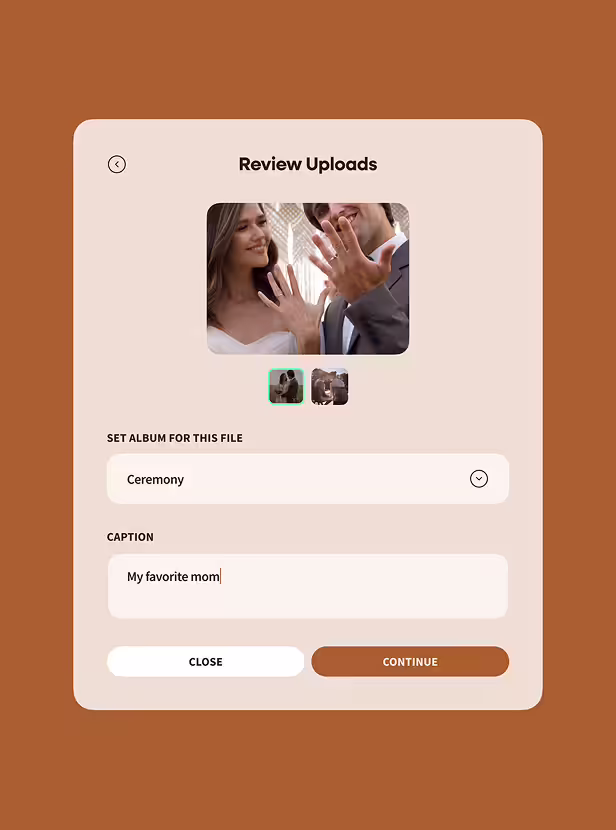 Screen interface titled 'Review Uploads' showing a photo of a bride and groom displaying their rings, with album selection set to 'Ceremony' and a caption text box containing 'My favorite mom'.