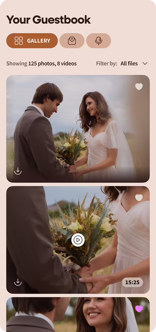 Mobile guestbook app interface showing a gallery tab with photos and video thumbnails of a bride and groom holding hands outdoors.
