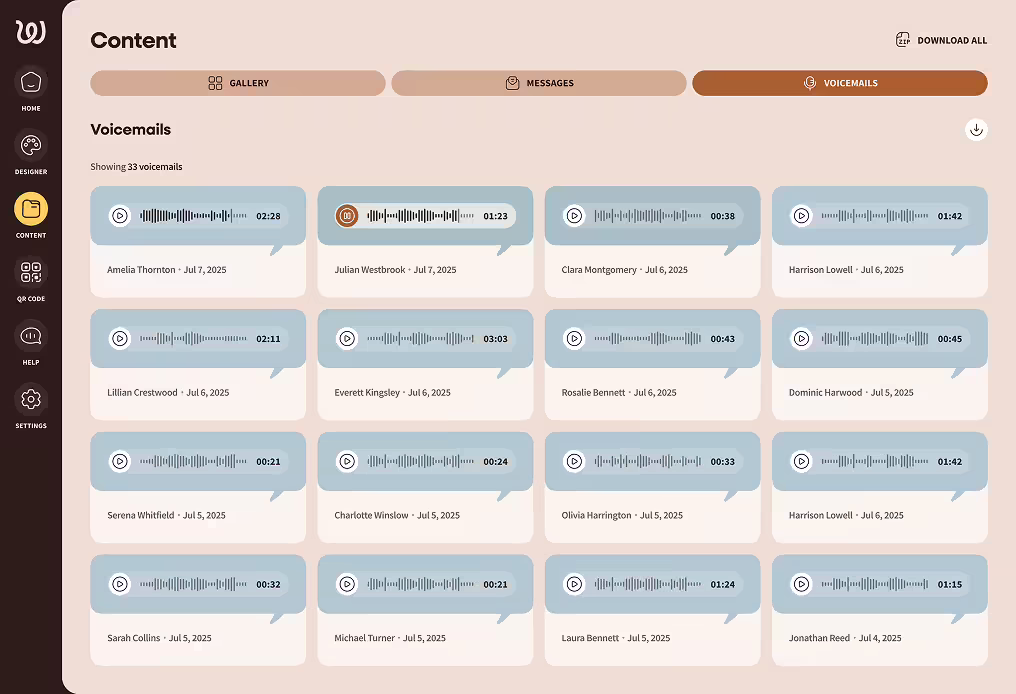 User interface screen showing a digital guestbook with 15 voice message entries with audio waveforms, play buttons, durations, and dates