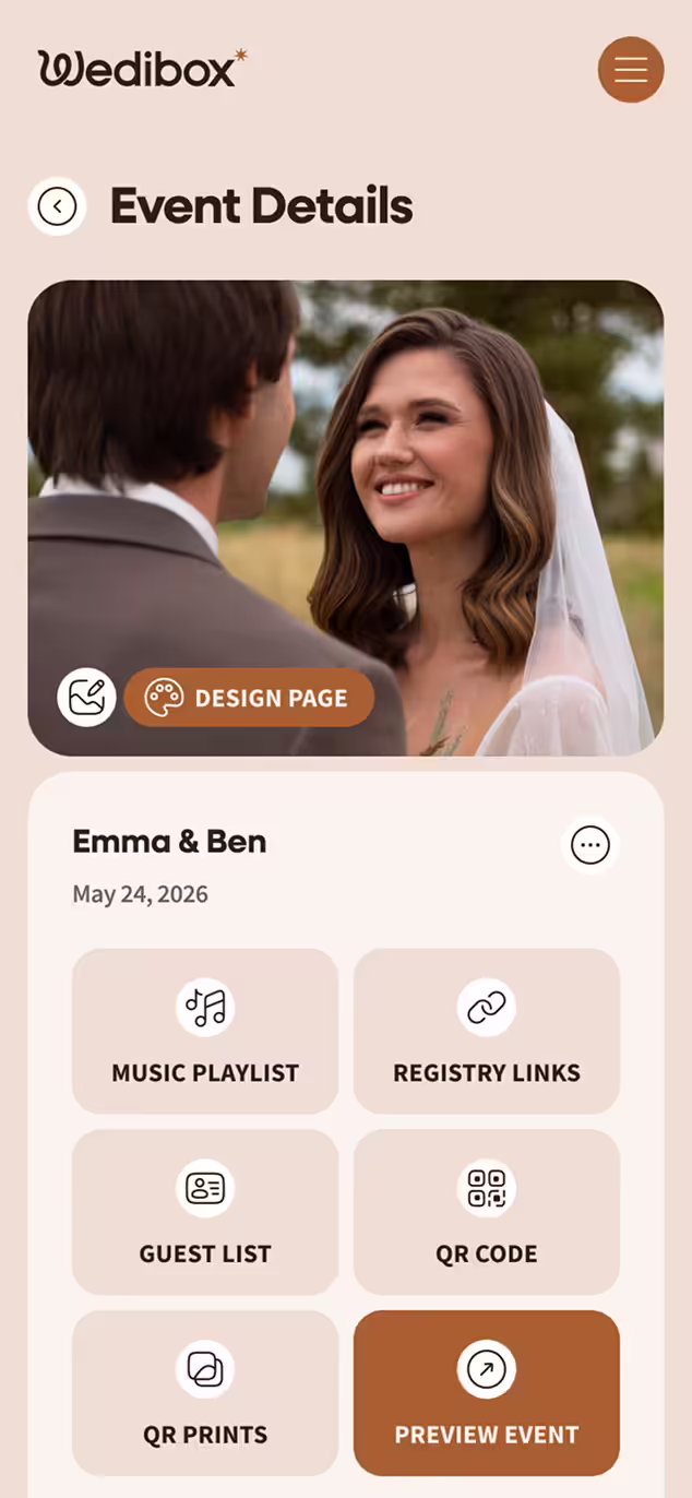 Mobile wedding event details page showing a smiling bride and groom with options for design page, music playlist, registry links, guest list, QR code, QR prints, and preview event.