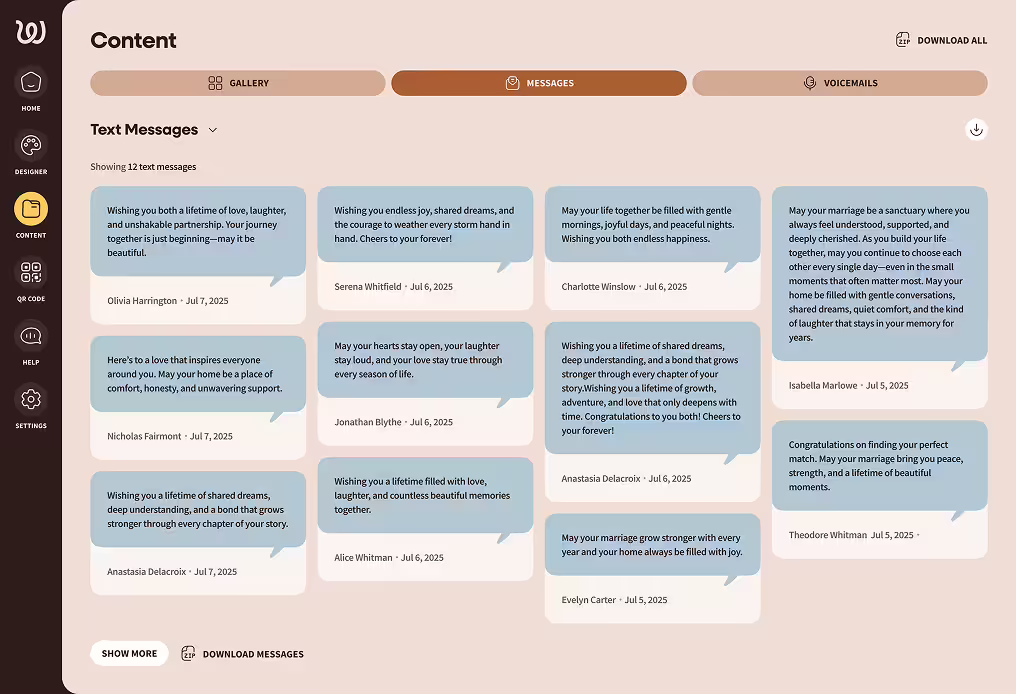 Screenshot of a digital guestbook platform displaying a Messages tab with 12 text messages congratulating couples on their marriage, each with sender names and dates.