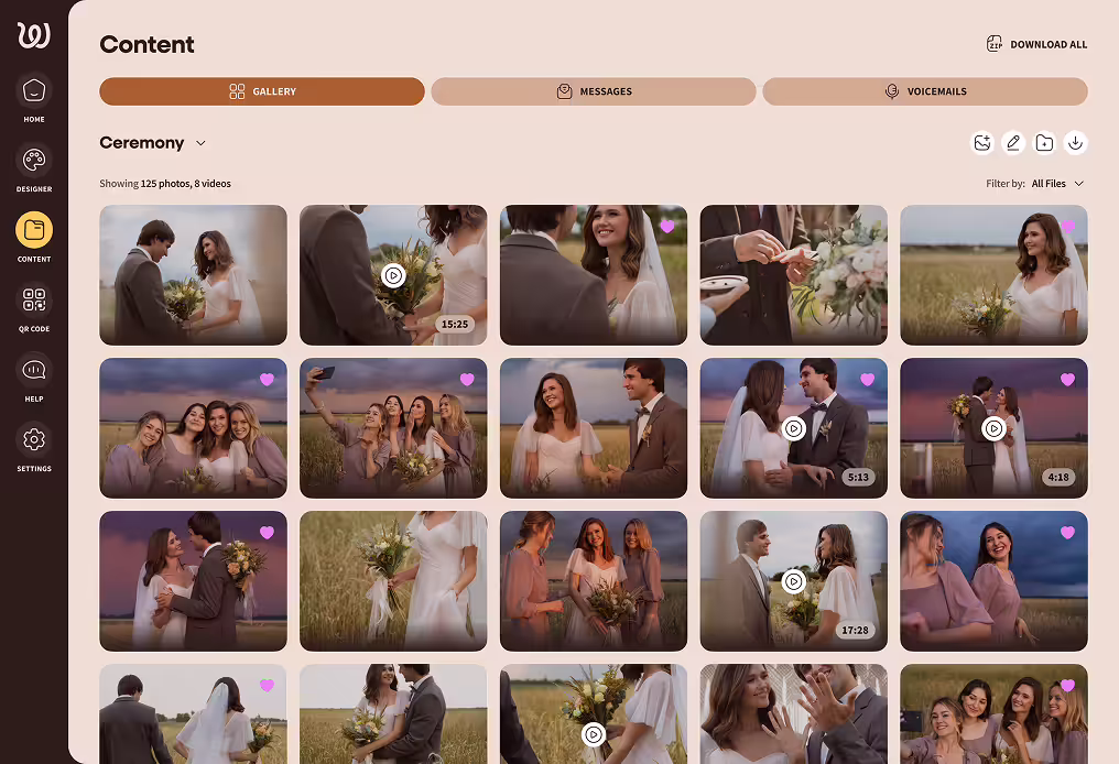 Digital photo gallery interface showing wedding ceremony photos and videos with thumbnails of couples and guests.