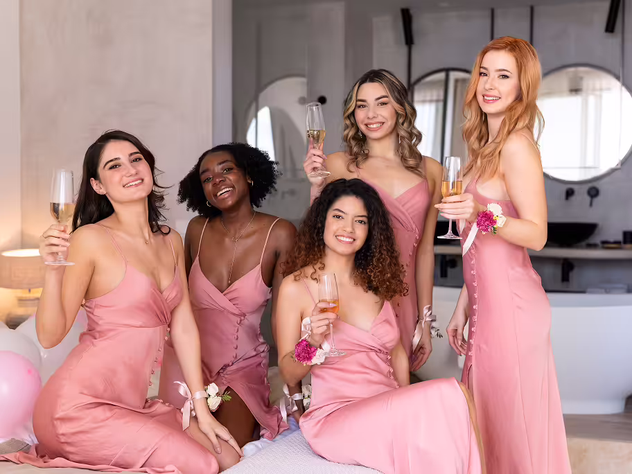 Five women in pink dresses smiling and holding champagne glasses while posing indoors.