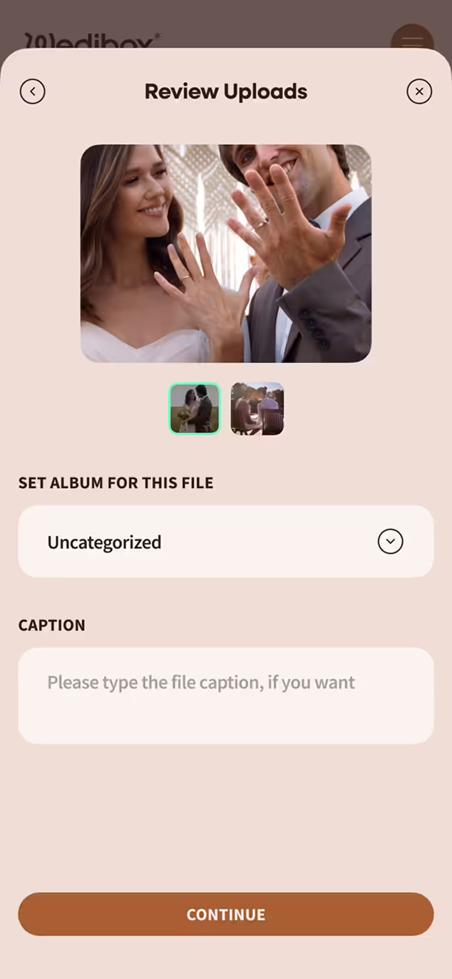 Mobile wedding photo sharing interface showing a 'Review Uploads' screen with options to set an album category, and a caption input field.