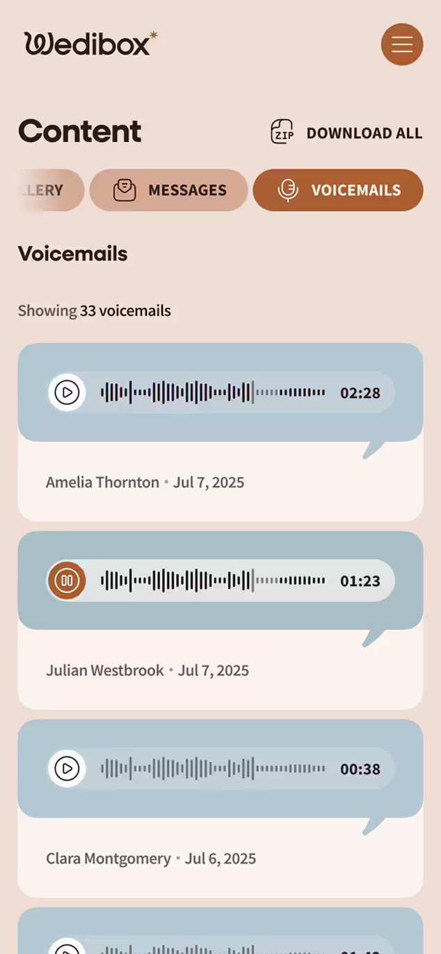 Wedibox voicemail interface showing a list of voicemail messages with play buttons, durations, and sender names