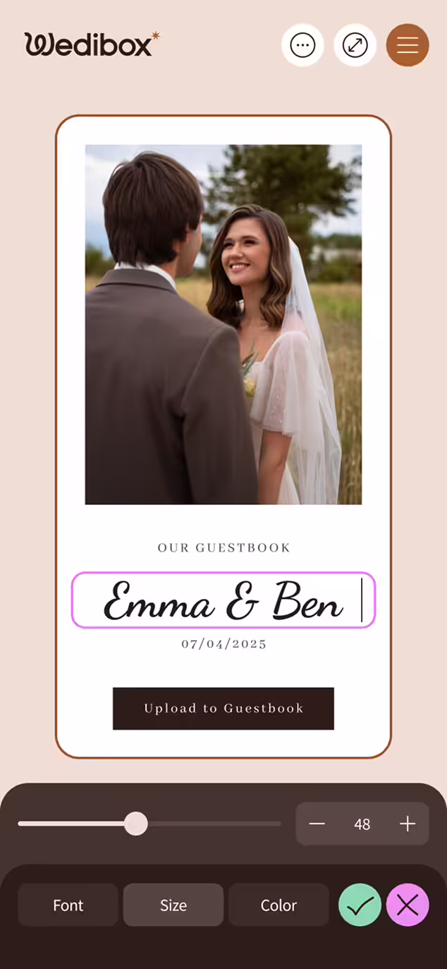 Mobile screen showing a digital wedding guestbook interface with a photo of a bride and groom, names 'Emma & Ben,' and a button labeled 'Upload to Guestbook.'