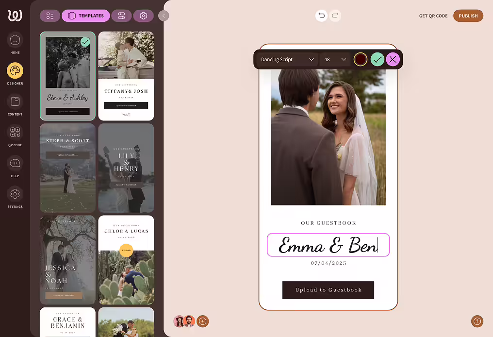 Wedding guestbook design interface showing photo of bride and groom with editable text 'Emma & Ben' and date 07/04/2025.