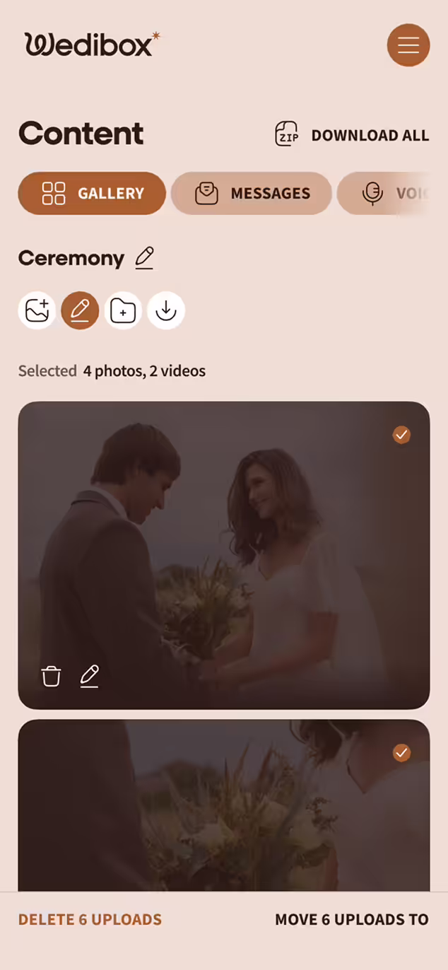 Mobile interface of Wedibox content gallery showing selected photos and videos from a ceremony with options to edit, delete, download, or move uploads.