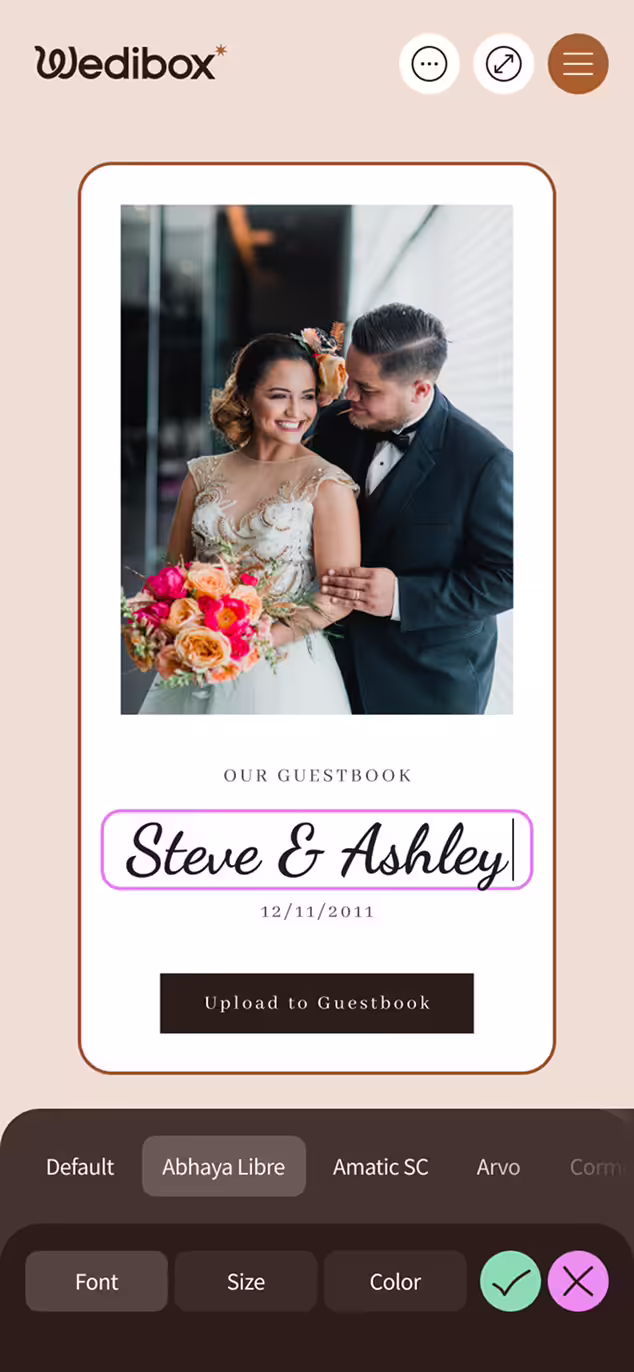 Mobile screen showing a wedding guestbook entry page with a bride and groom photo, names Steve & Ashley, and a date of 12/11/2011, with font and color options below.