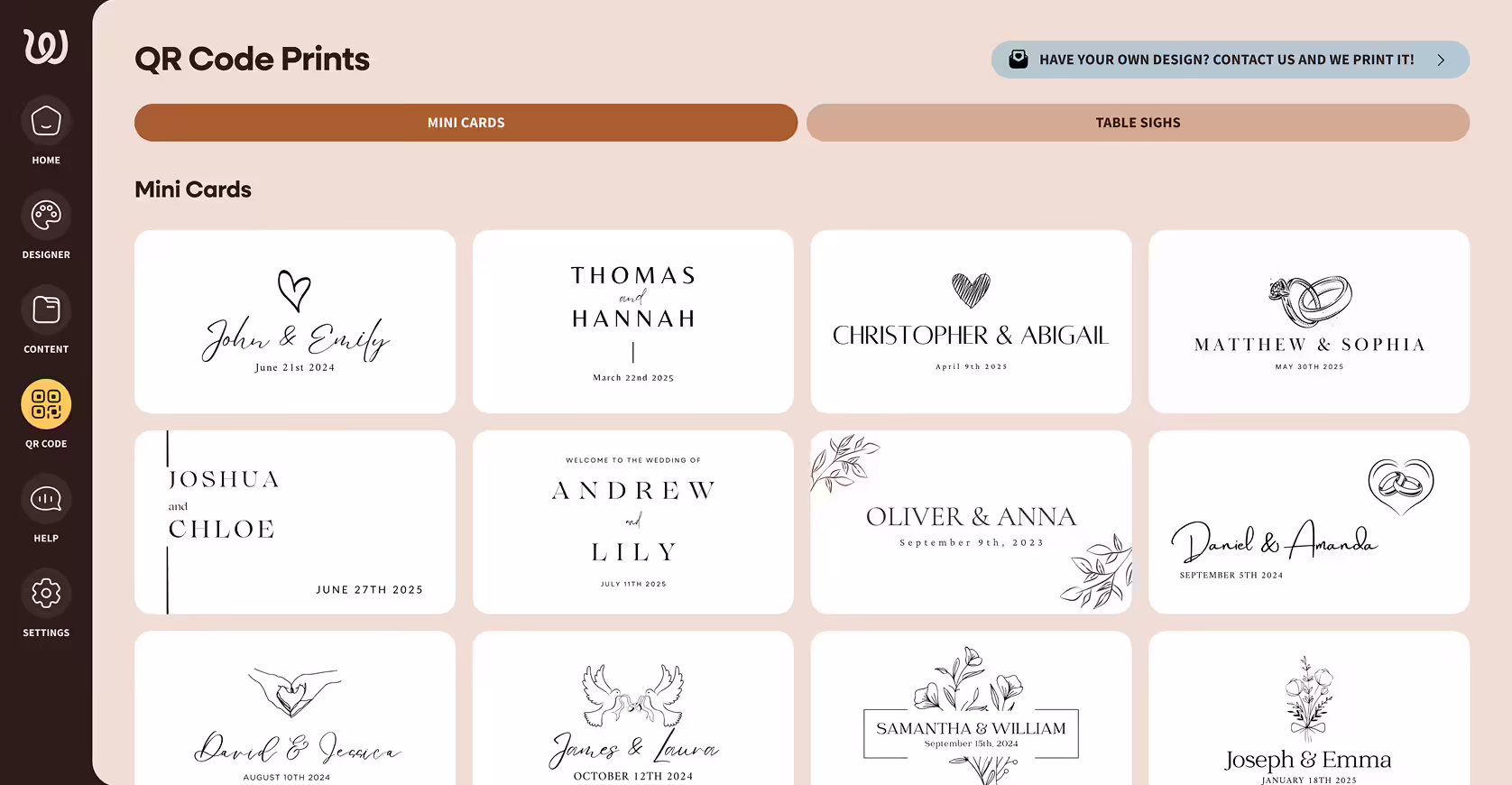 Website interface showing printable QR code mini card designs with couples' names and wedding dates, plus icons for navigation on the left.