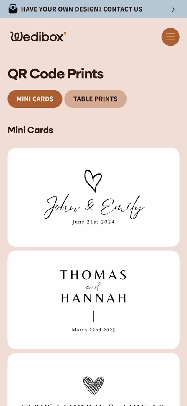 Webpage of Wedibox showing QR Code Prints with tabs for Mini Cards and Table Prints, featuring sample mini card designs with names and dates.