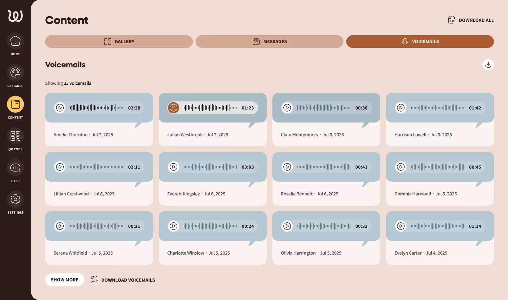 Dashboard interface showing a voicemails tab with 12 voicemail messages listed by sender and date, each with a play button and audio waveform.