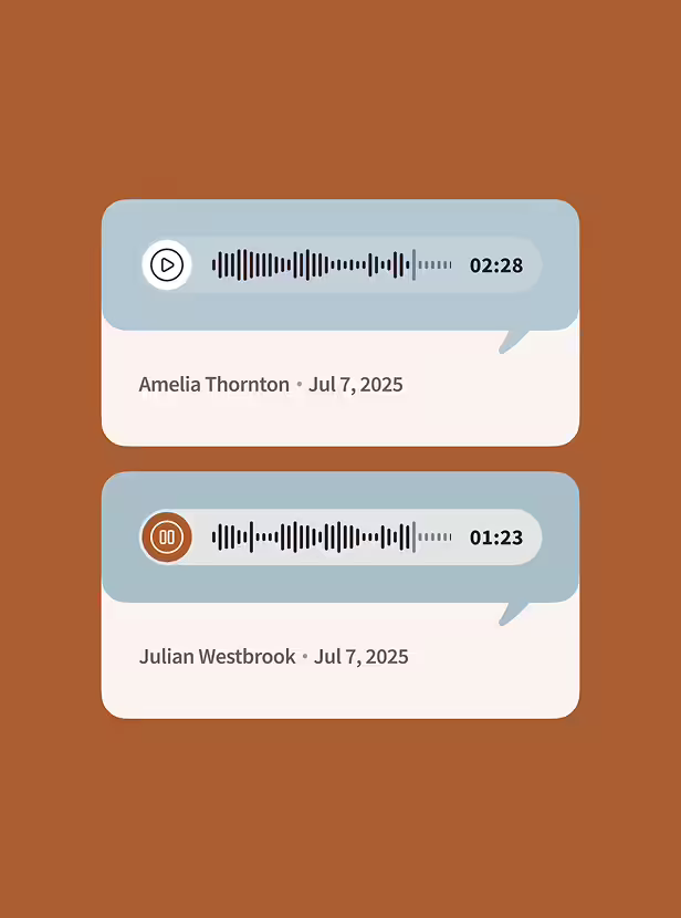 Two audio message bubbles with waveform displays, timestamps, and sender names Amelia Thornton and Julian Westbrook, dated July 7, 2025.