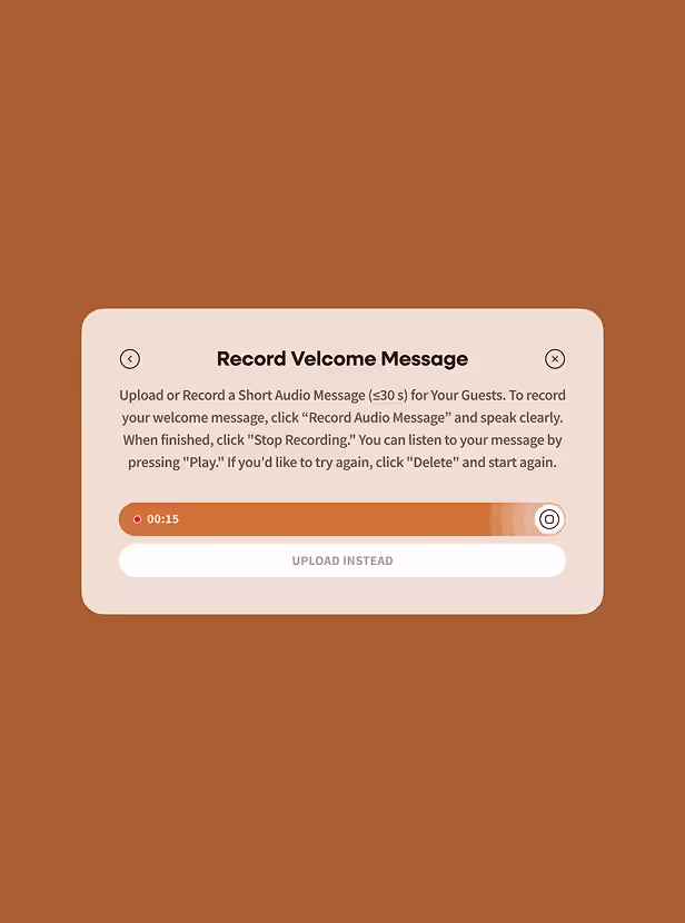 Interface to record a welcome message with a 30-second timer, instructions, a progress bar, and an option to upload audio instead.