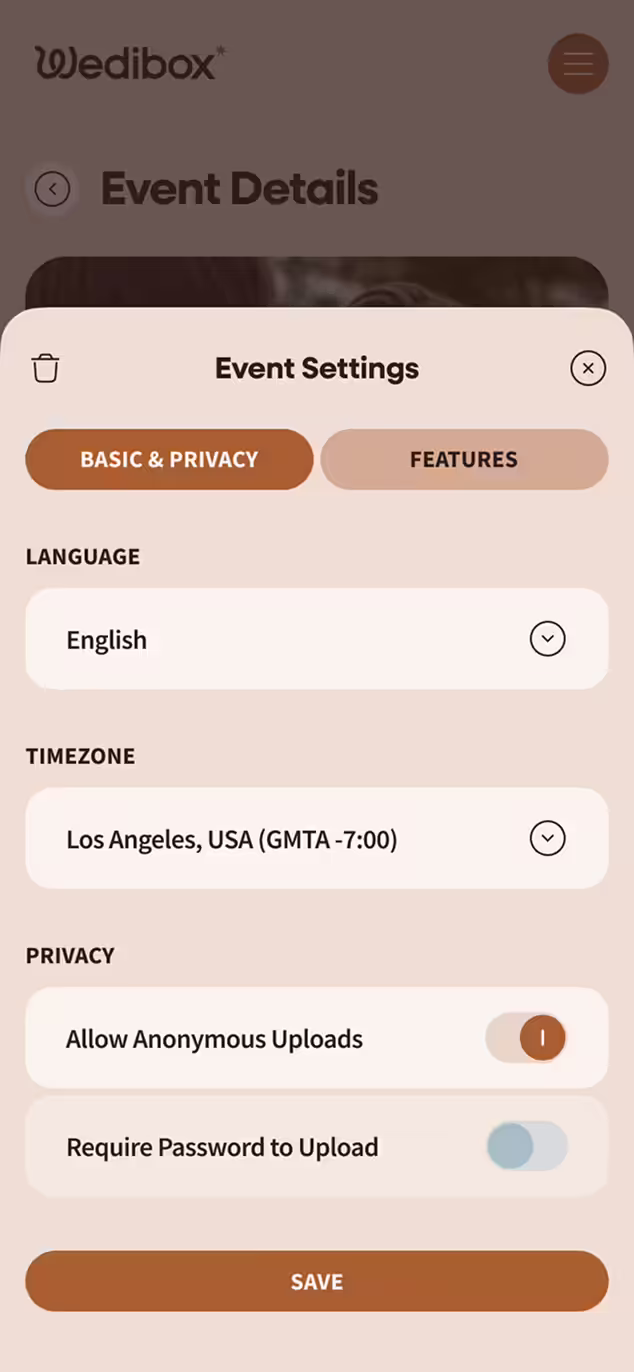 Mobile screen showing Wedibox Event Settings with Basic & Privacy tab selected, Language set to English, Timezone to Los Angeles (GMT-7), privacy toggles for allowing anonymous uploads enabled and requiring password to upload disabled, and a Save button.