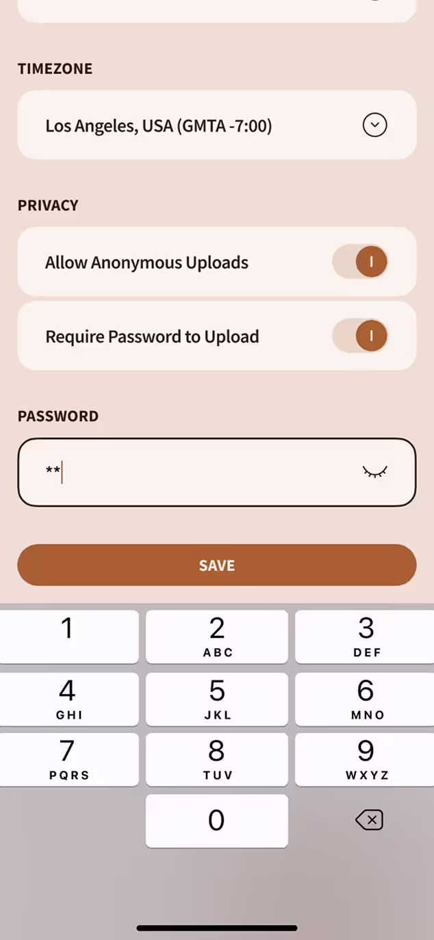 Mobile app screen showing timezone set to Los Angeles, USA (GMT-7:00), privacy options for anonymous uploads and password protection enabled, password input field with masked characters, and a numeric keyboard at the bottom.