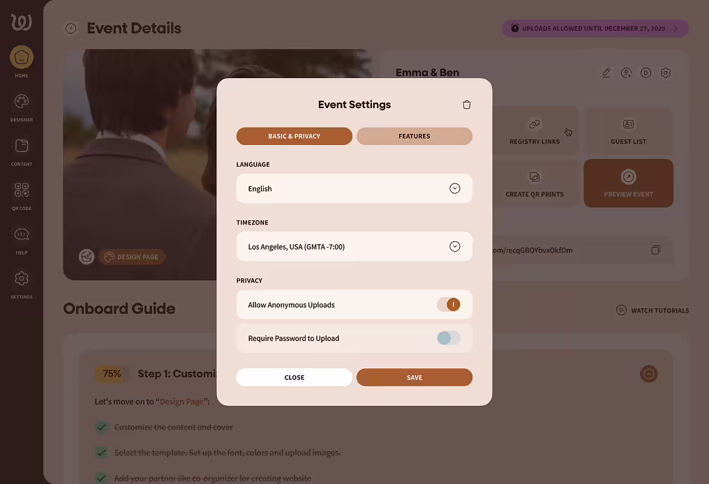 User interface showing Event Settings menu with language set to English, timezone Los Angeles, privacy options to allow anonymous uploads enabled and password upload disabled, and buttons to close or save.
