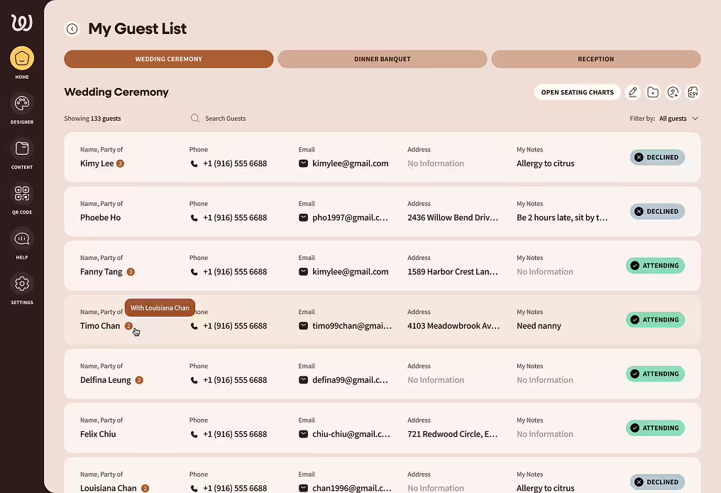 Digital wedding guest list interface showing names, phone numbers, emails, addresses, notes, and RSVP status for the Wedding Ceremony section.
