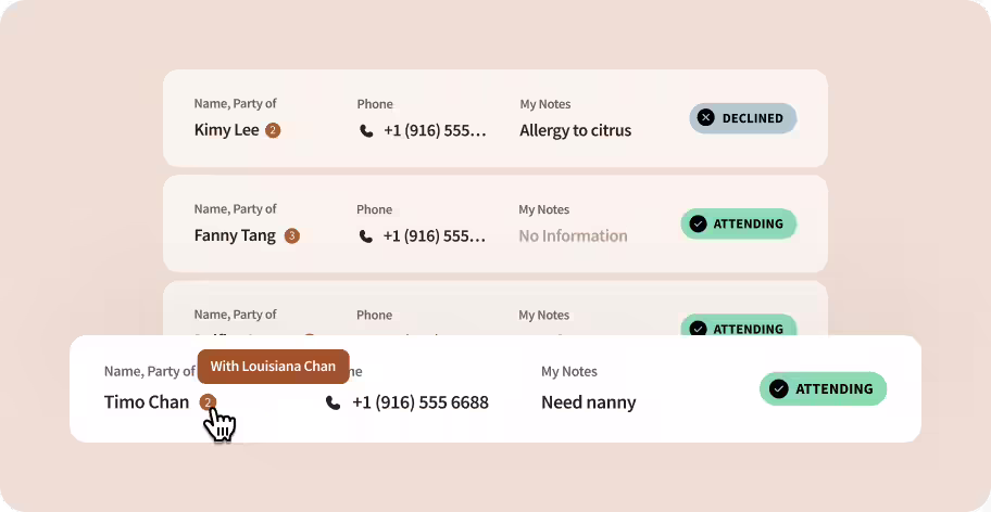 User interface showing a list of attendees with their name, party size, phone number, notes, and attendance status including declined and attending labels.