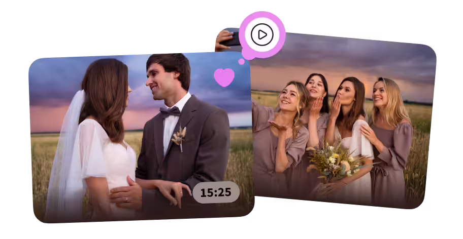 Bride and groom gazing at each other in a field at sunset, and bridesmaids smiling and posing for a selfie outdoors.