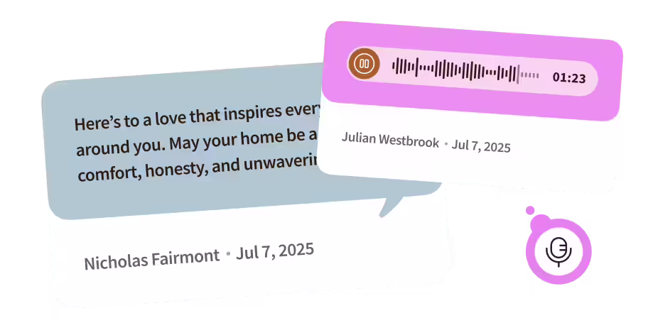 Two overlapping speech bubbles: one with a text message about love and home by Nicholas Fairmont dated Jul 7, 2025, and the other showing an audio message with a waveform, duration 1:23, by Julian Westbrook dated Jul 7, 2025, along with a microphone icon.