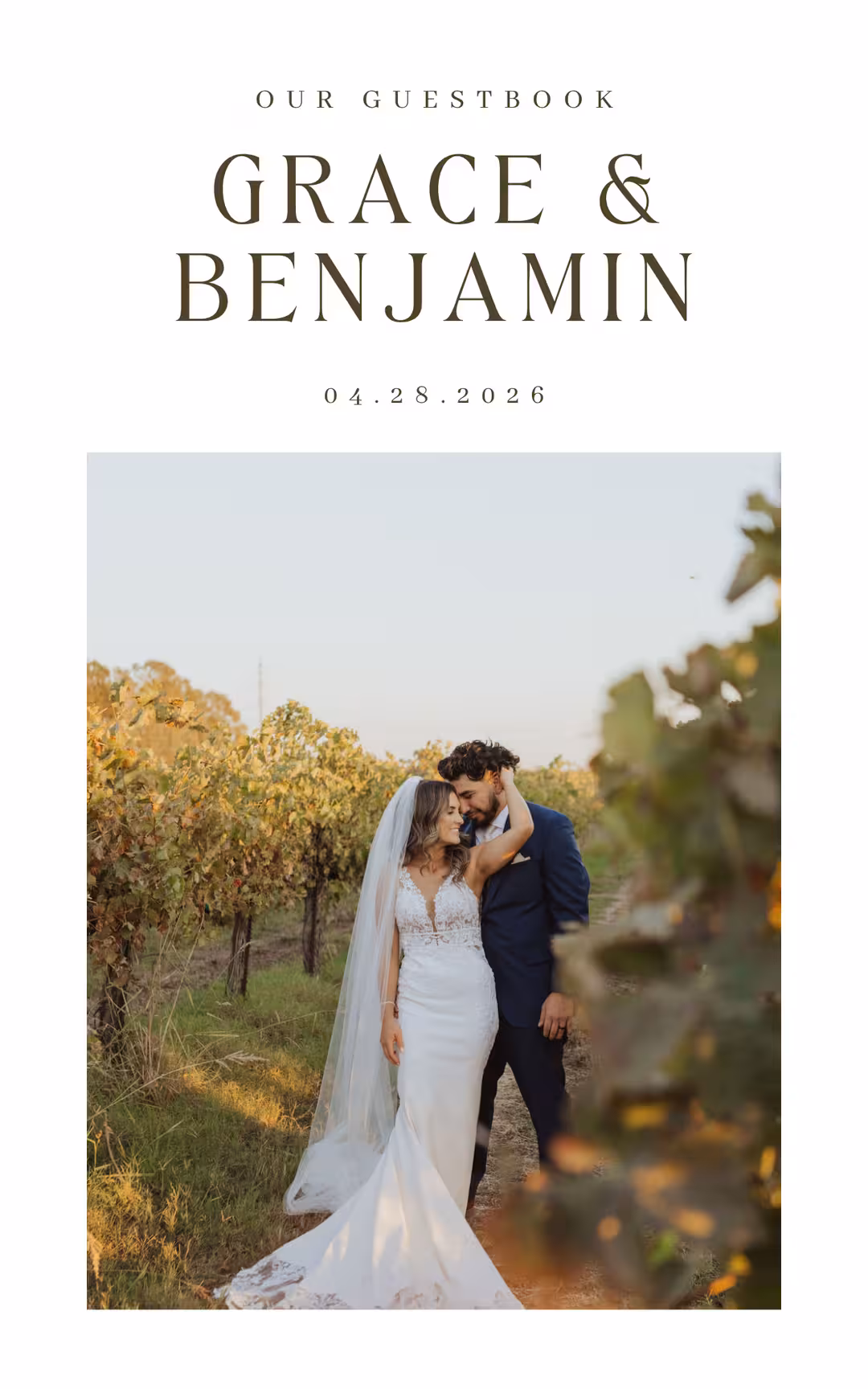 Bride in white gown and veil embracing groom in navy suit in a vineyard at sunset.