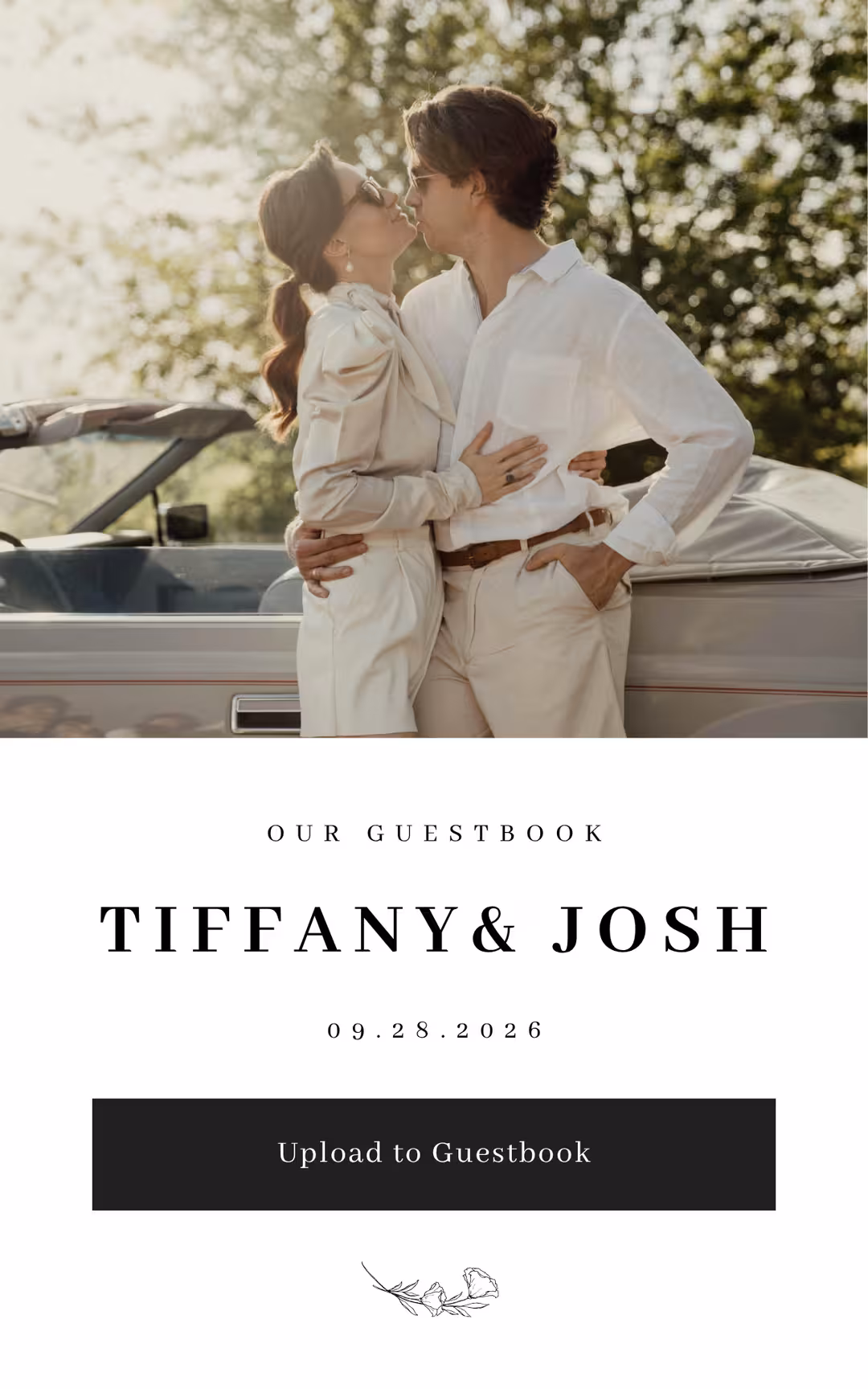 Wedding website template with couple in stylish cream outfits embracing near a vintage convertible car, with a guestbook section below featuring names Tiffany & Josh, the date 09.28.2026, and an 'Upload to Guestbook' button.