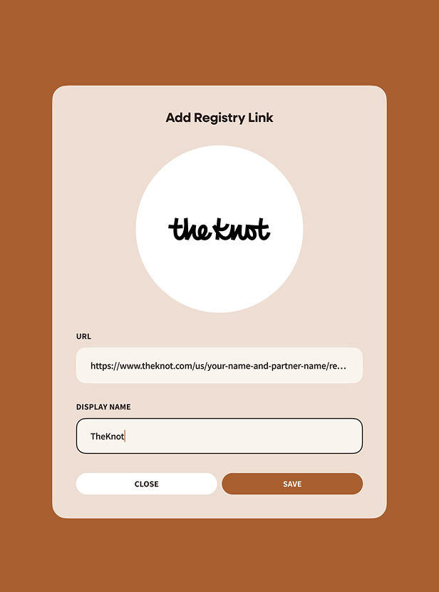 User interface screen to add a registry link with The Knot logo, a URL input field, display name input filled with 'TheKnot', and buttons for Close and Save.