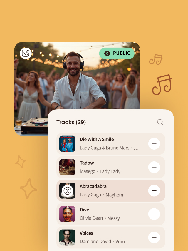 Smiling DJ wearing headphones at an outdoor party with a dancing crowd behind, alongside a music playlist displaying five tracks by various artists.