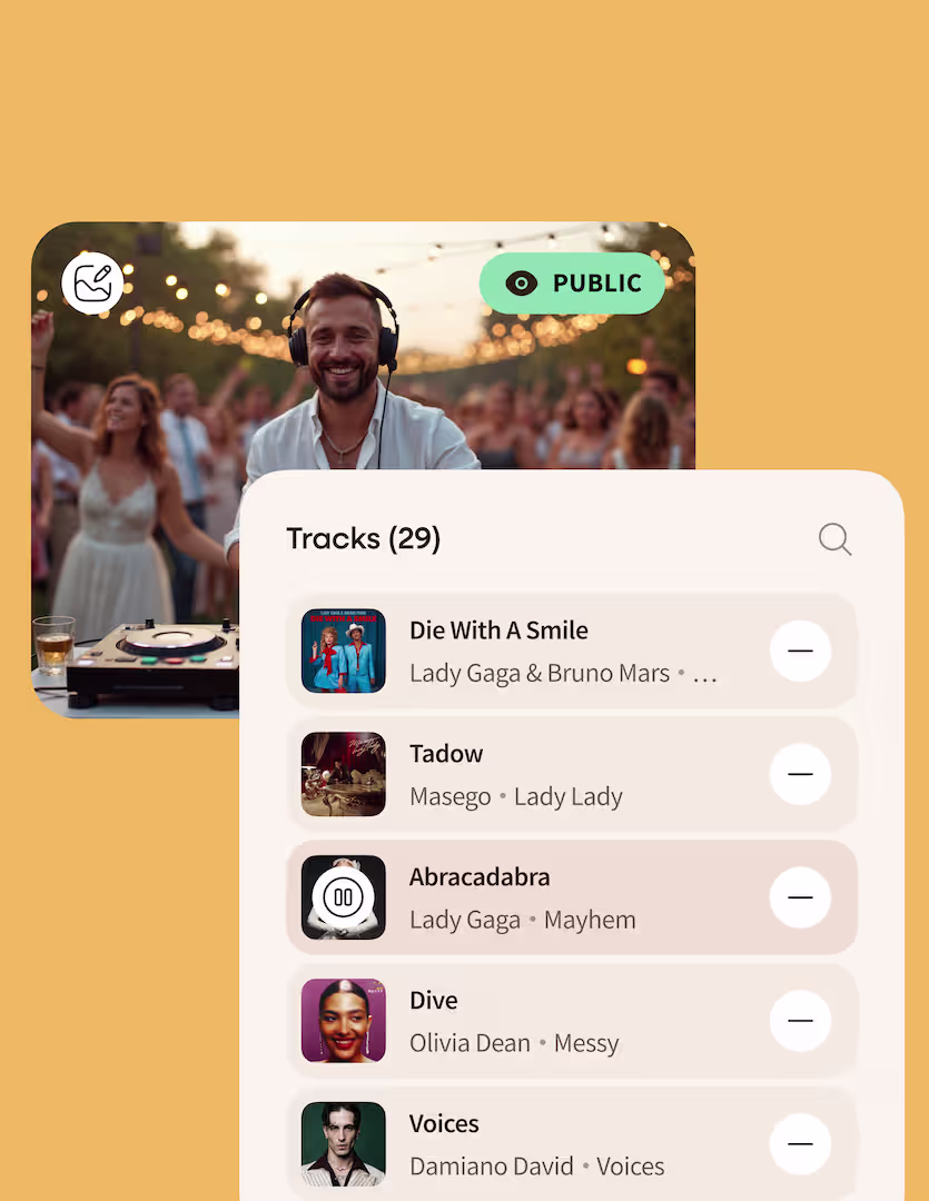 Smiling DJ wearing headphones playing music outdoors at a lively party with string lights, overlay showing a playlist of 29 tracks including songs by Lady Gaga, Bruno Mars, Masego, Olivia Dean, and Damiano David.