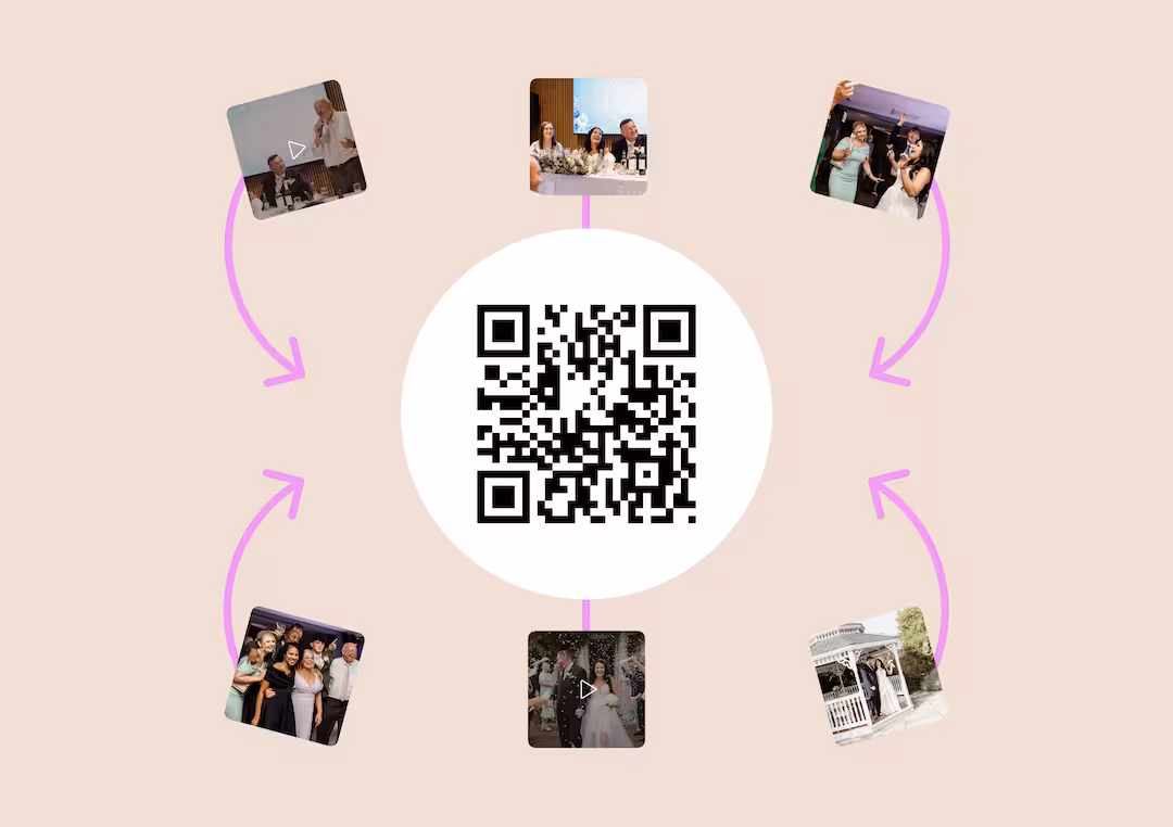Wedding QR code surrounded by guest photos and videos showing how one Wedibox QR code collects all wedding memories in one place