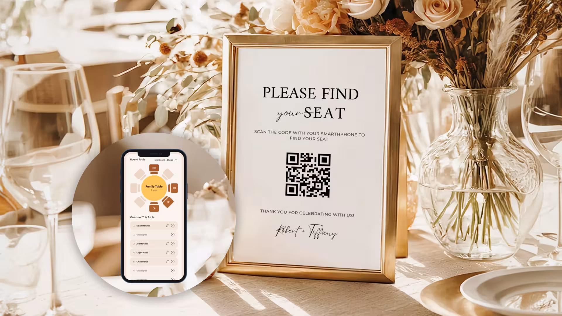 A wedding table with a framed sign reading 'Please find your seat' and a QR code; a smartphone screen shows a digital seating chart with QR code.
