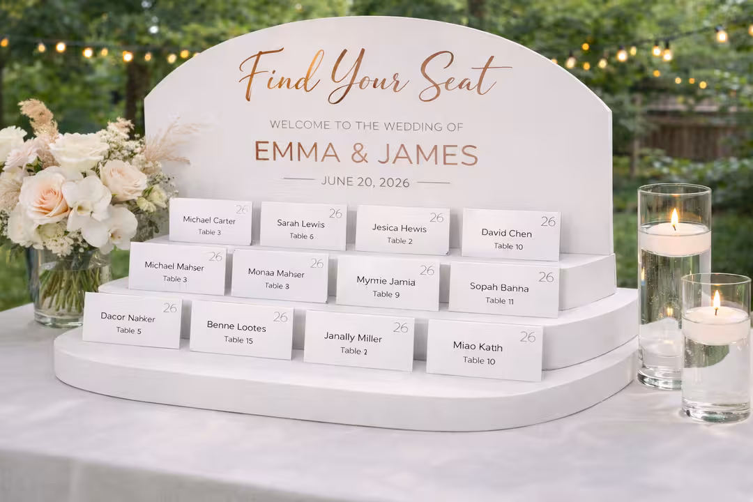 Wedding seating escort cards with white cards arranged on a three-tiered stand, floral arrangement on the left, and two lit candles in glass holders on the right.