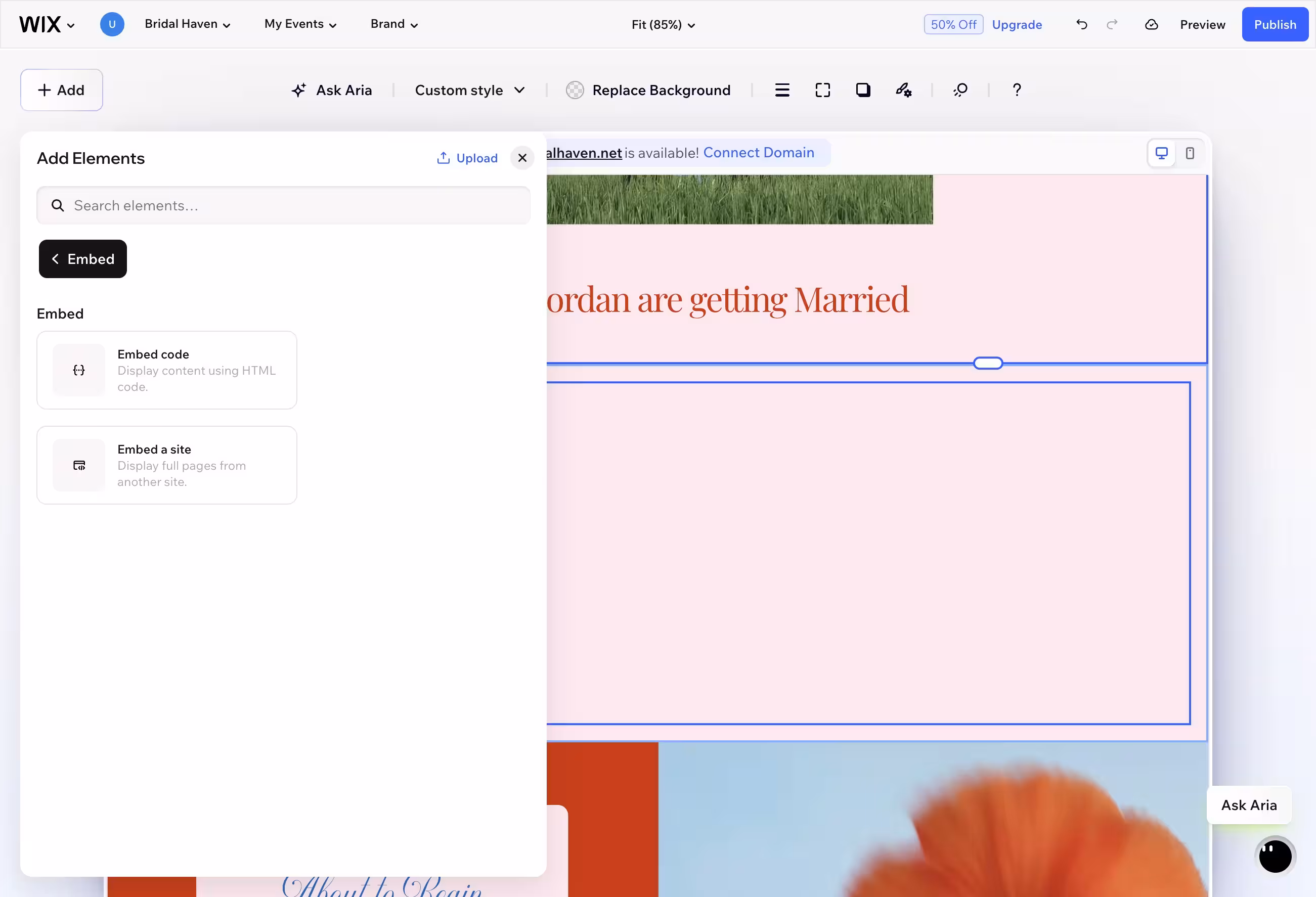 Wix website editor interface showing elements panel open with options to embed code or site, and a partially visible wedding website in the background.