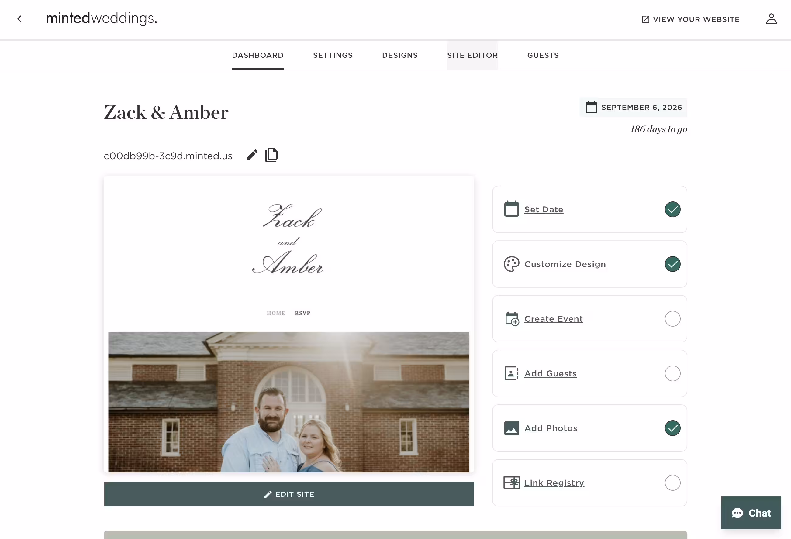 Screenshot of a wedding website dashboard for Zack and Amber showing site editing options and a photo of the couple in front of a brick building.