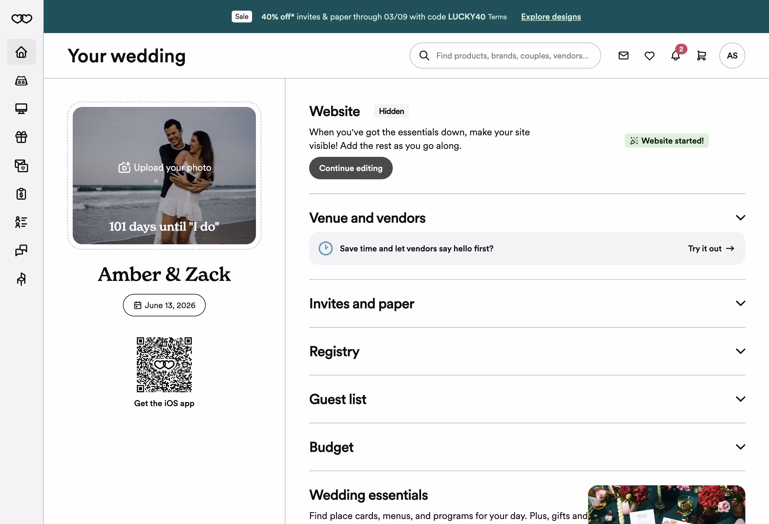 Wedding planning dashboard for Amber & Zack with countdown of 101 days until June 13, 2026, and sections for website, venue, invites, registry, guest list, budget, and essentials.