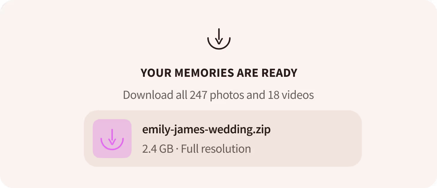 Download prompt for emily-james-wedding.zip file containing 247 photos and 18 videos, 2.4 GB full resolution.