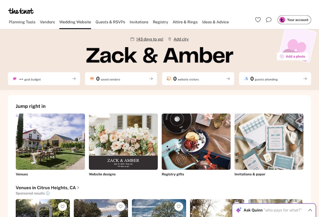 Wedding planning dashboard for Zack & Amber with sections for venues, website designs, registry gifts, and invitations, showing 0 saved vendors and guests.
