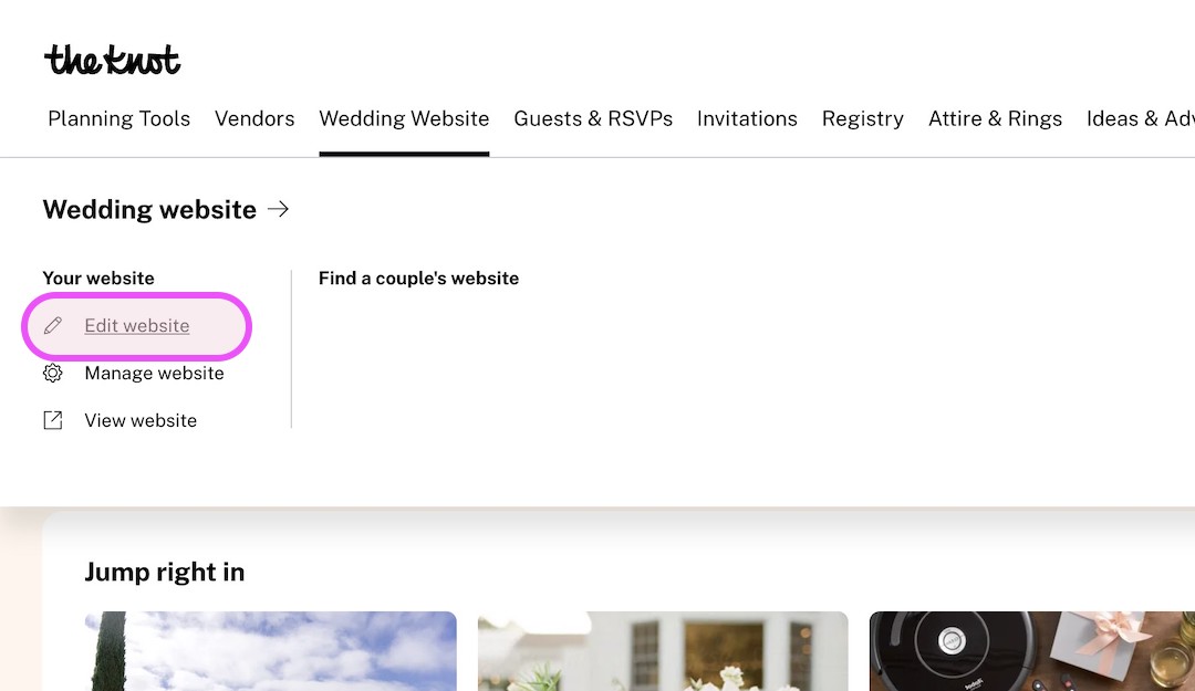 Screenshot of The Knot wedding website page showing navigation menu with Edit website option highlighted in pink.