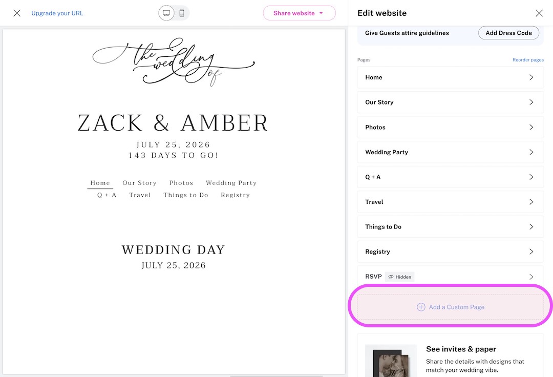 Wedding website editor showing homepage for Zack and Amber, wedding date July 25, 2026, with navigation options and page management panel.