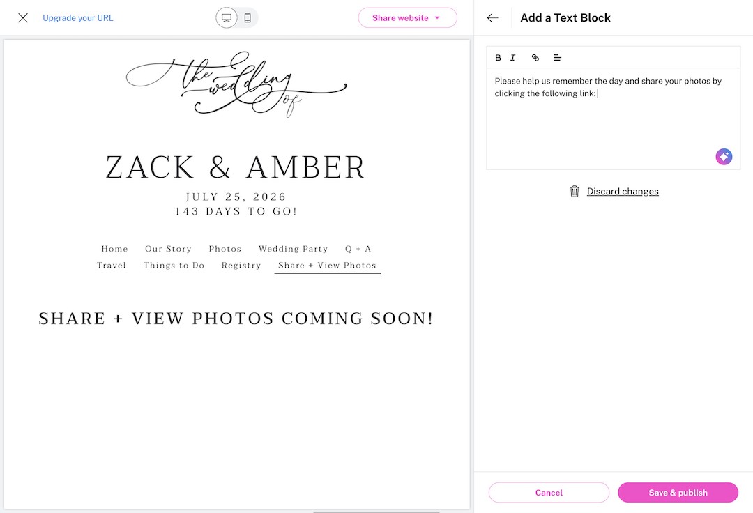 Wedding website page for Zack and Amber with menu options and a message that photo sharing and viewing is coming soon.