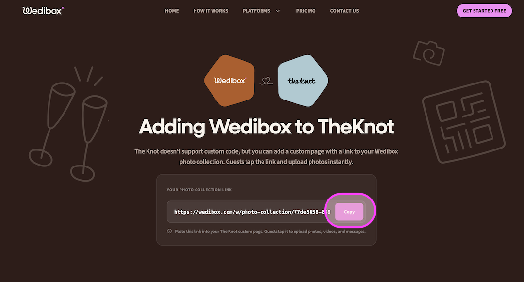 Wedibox webpage showing integration with The Knot, including a photo collection link and a pink Copy button on a dark background.
