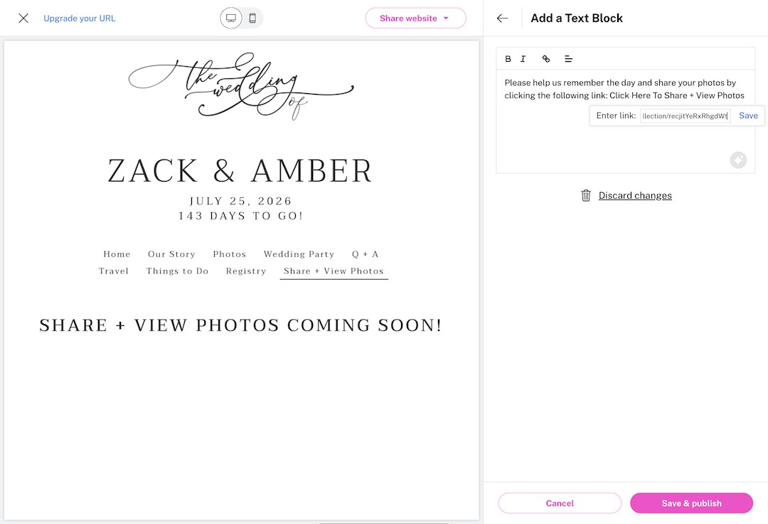 Wedding website page for Zack and Amber showing the date July 25, 2026, countdown of 143 days, navigation menu, and message that photo sharing and viewing feature is coming soon.