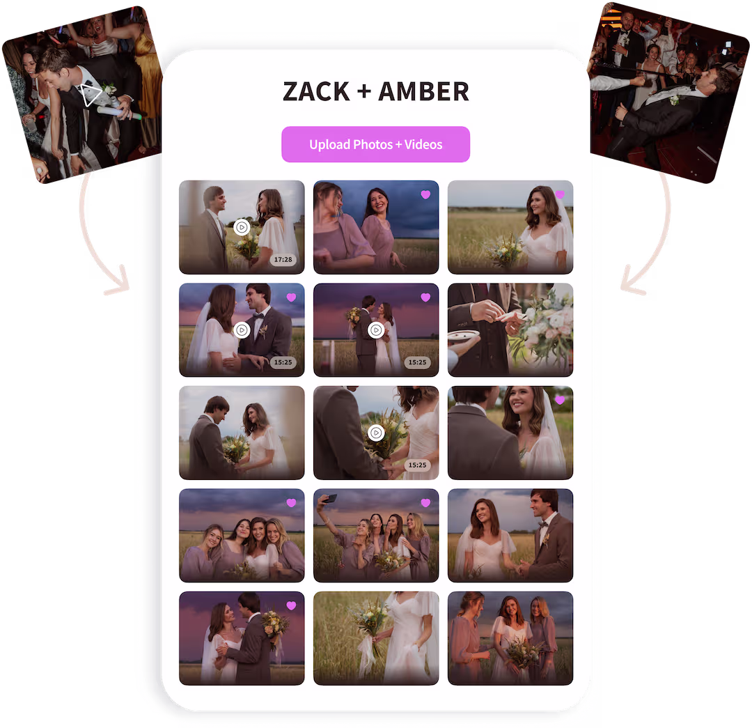 Wedding photo and video gallery interface titled Zack + Amber, showing thumbnails of couples, bridal moments, and wedding scenes with options to upload photos and videos.