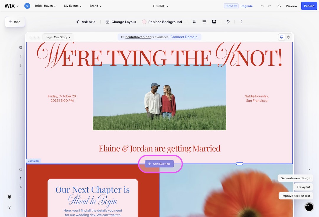 Wix website editor screen showing a wedding webpage with a couple standing in a green field and text 'We're tying the knot!' and wedding details.