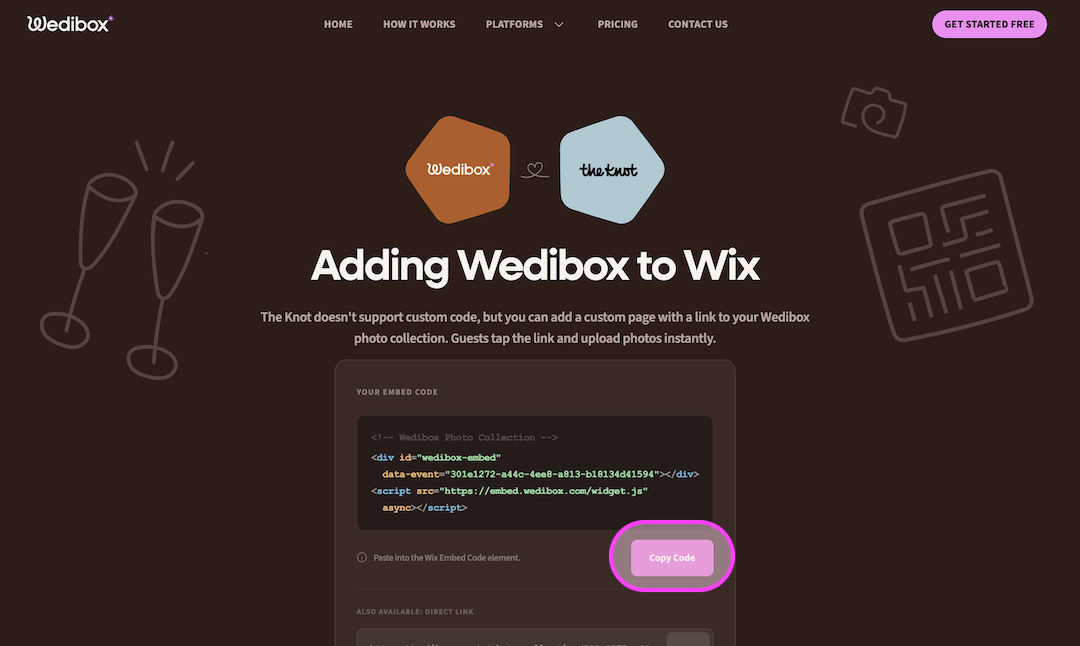 Wedibox webpage showing how to add Wedibox to Wix with embed code and a highlighted 'Copy Code' button.